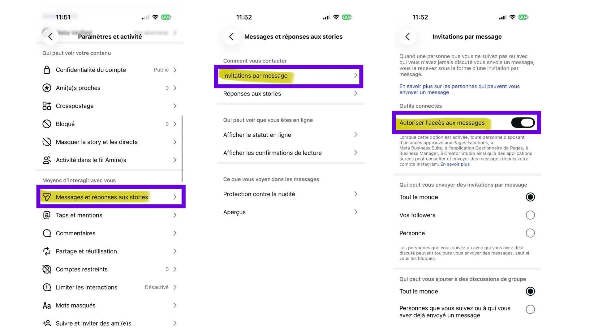Écran Instagram : Confidentialité > Messages > Paramètres des messages, section Outils connectés avec le bouton « Autoriser l’accès aux messages » activé.