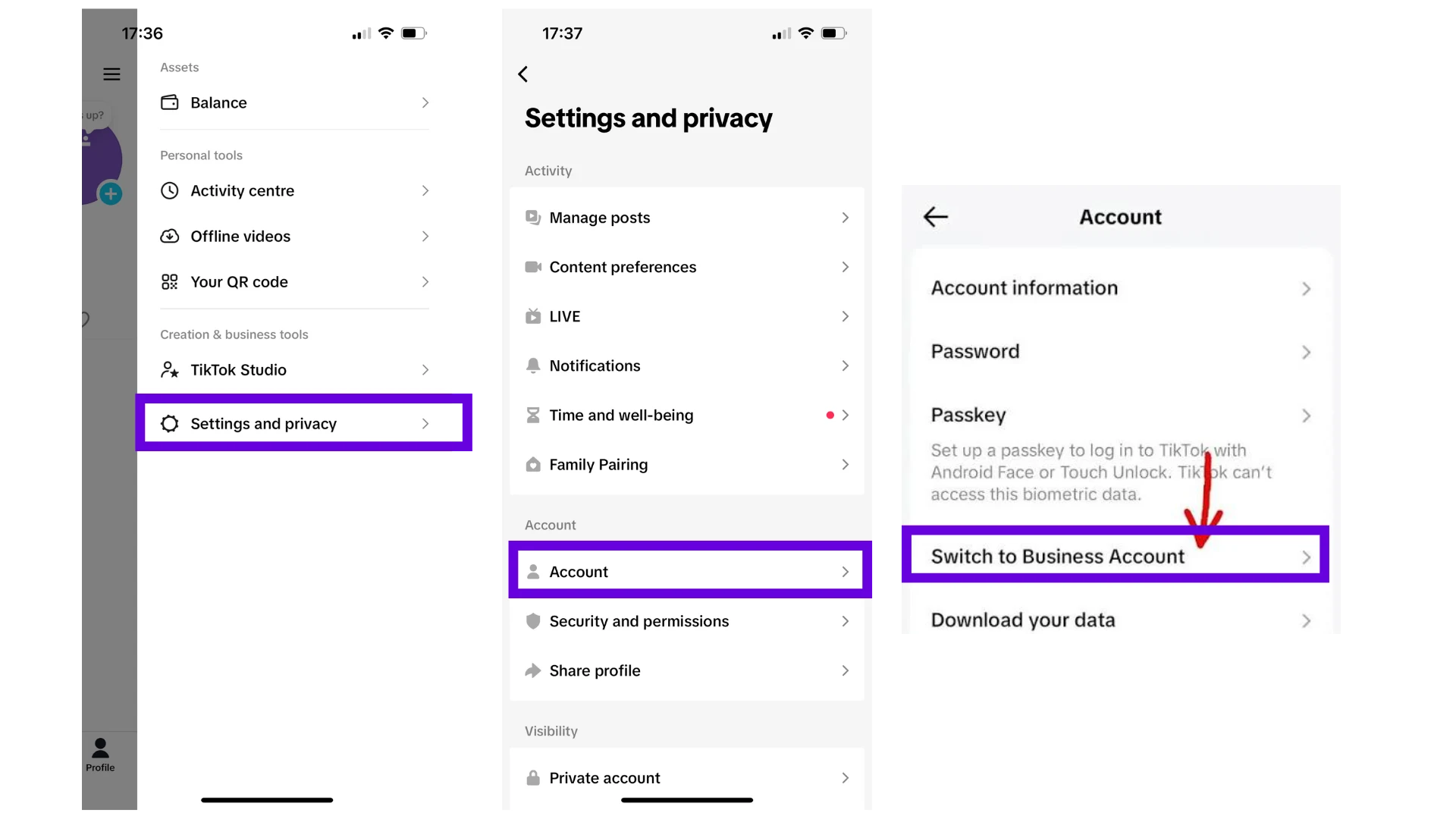 Paramètres et confidentialité TikTok : menu Paramètres et confidentialité, puis Account, puis l’écran Compte avec Switch to Business Account en surbrillance.