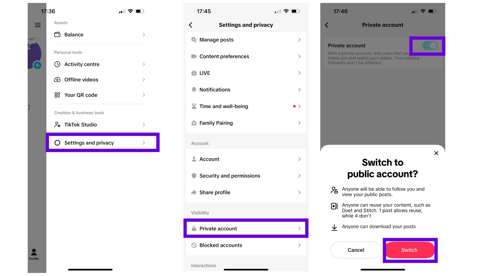 Paramètres et confidentialité TikTok : menu Paramètres et confidentialité, puis Private account, puis l’écran Private account avec le bouton désactivé et la fenêtre de confirmation Switch to public account.